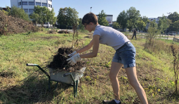 Anne Reinhard sammelt lose Pflanzen für den Naturgarten in einer Schubkarre. Archivfoto: Redaktion