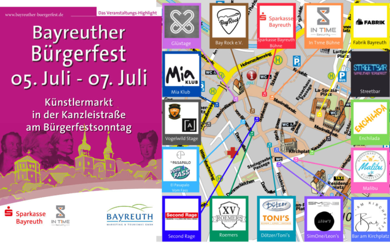 Das offizielle Plakat des Bayreuther Bürgerfests (links) und der Stadtplan mit den geplanten Bühnen (rechts). Bild: Bayreuth Marketing & Tourismus GmbH