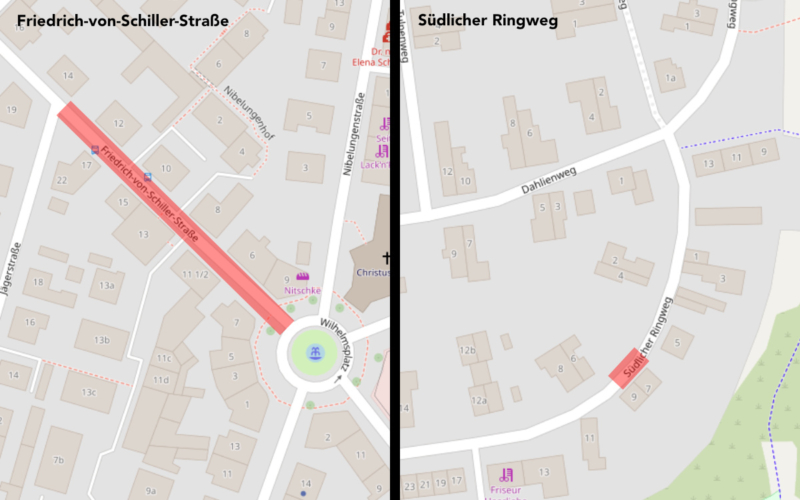 Eine Vollsperrung gilt für die in Rot hervorgehobenen Straßenstrecken. Quelle: OpenStreetMaps www.openstreetmap.org/copyright