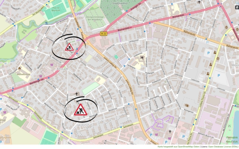 Karte Baustelle August Bebel Anselm Feuerbach https://www.openstreetmap.org/#map=6/51.33/10.45