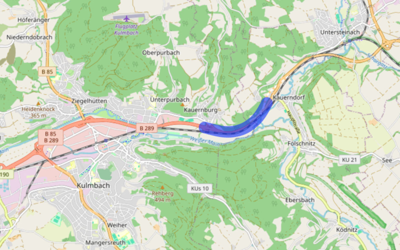 Die Vollsperrung der B 289 zwischen Kauerndorf und Kauernburg wird für das lange Wochenende vom 2. Oktober bis 7. Oktober 2024 aufgehoben. © OpenStreetMap https://www.openstreetmap.org/copyright